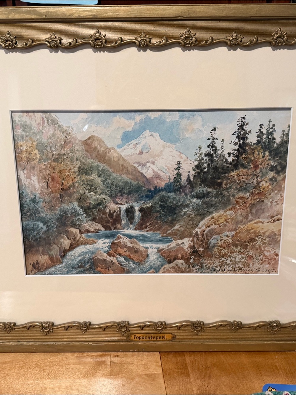 Framed Landscape Watercolor Print in Blue and Brown